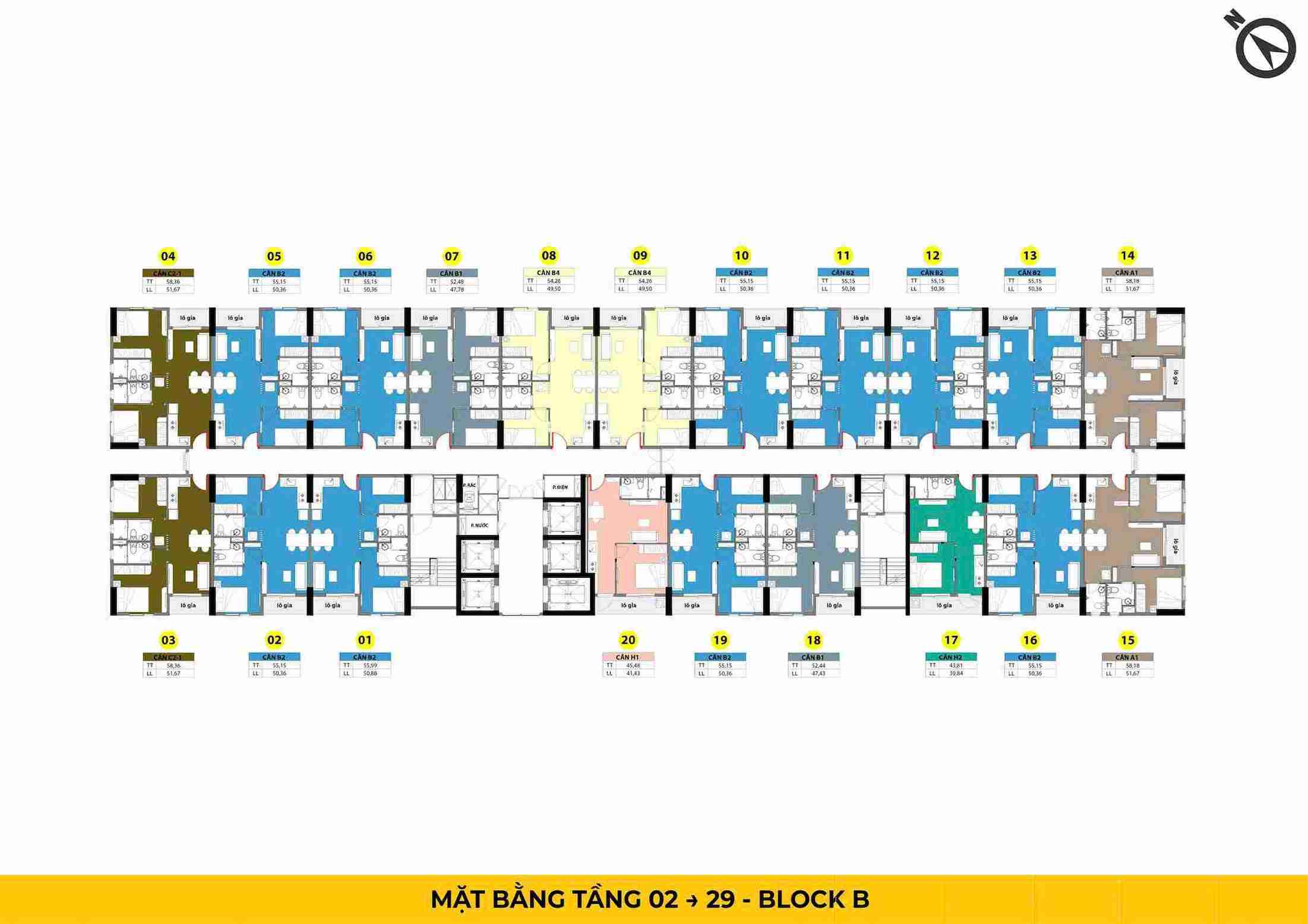 Mặt bằng tầng điển hình (tầng 02 – 29) của Block B - Block Crow được thiết kế theo dạng hình chữ I đối xứng, tối ưu hóa chiều dài để mọi căn hộ đều có mặt thoáng đón gió và ánh sáng tự nhiên.